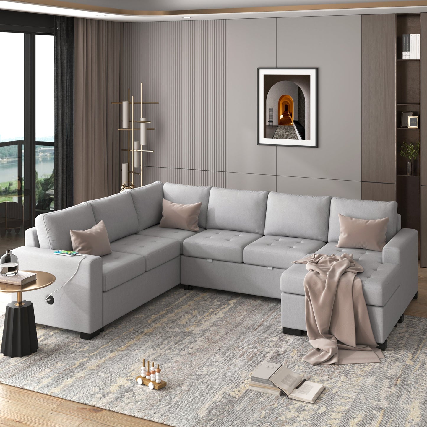 Modular Combination Sofa with Ottoman L-shaped Corner Combination, USB