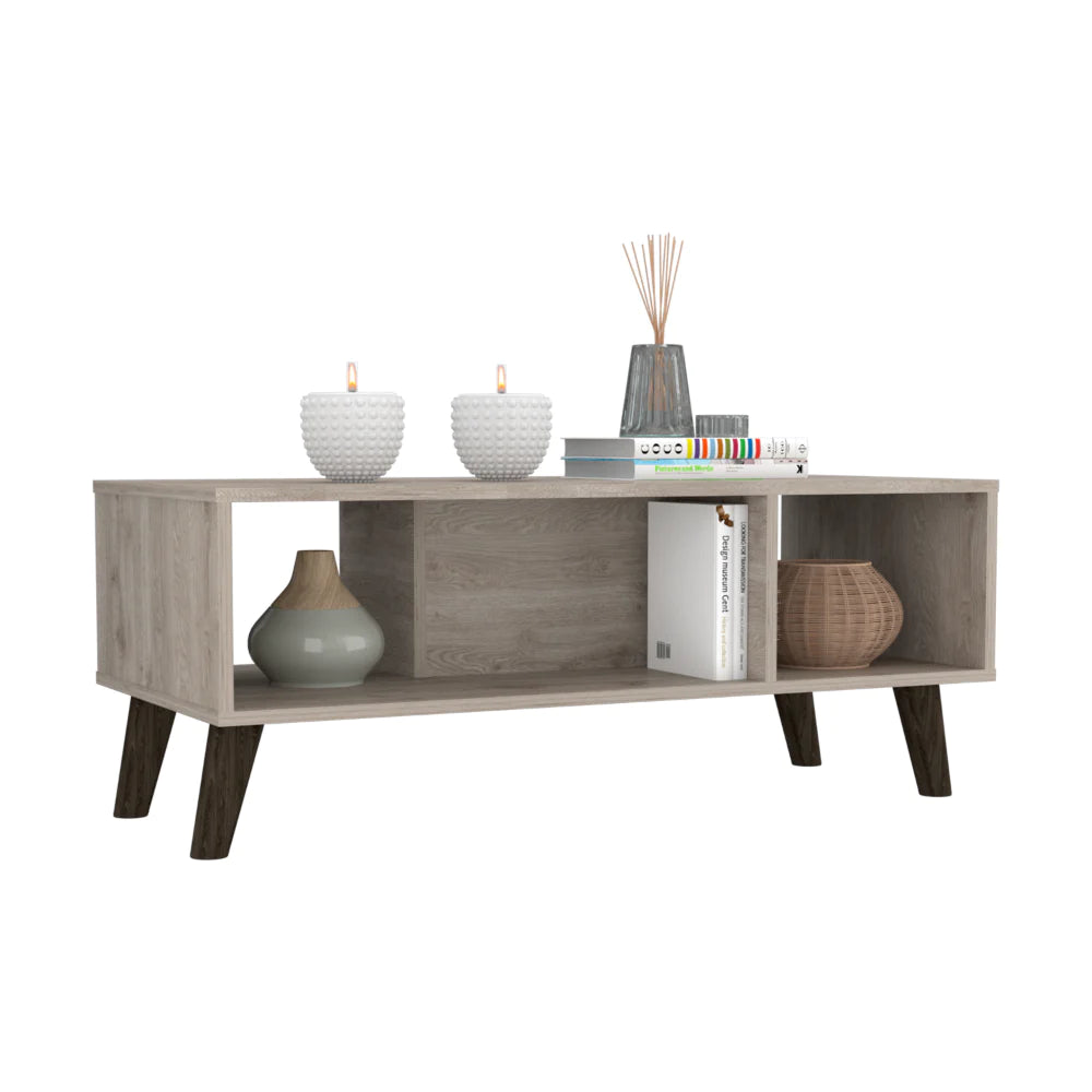 Coffee Table Plex, Two Open Shelves, Four Legs, Light Gray Finish