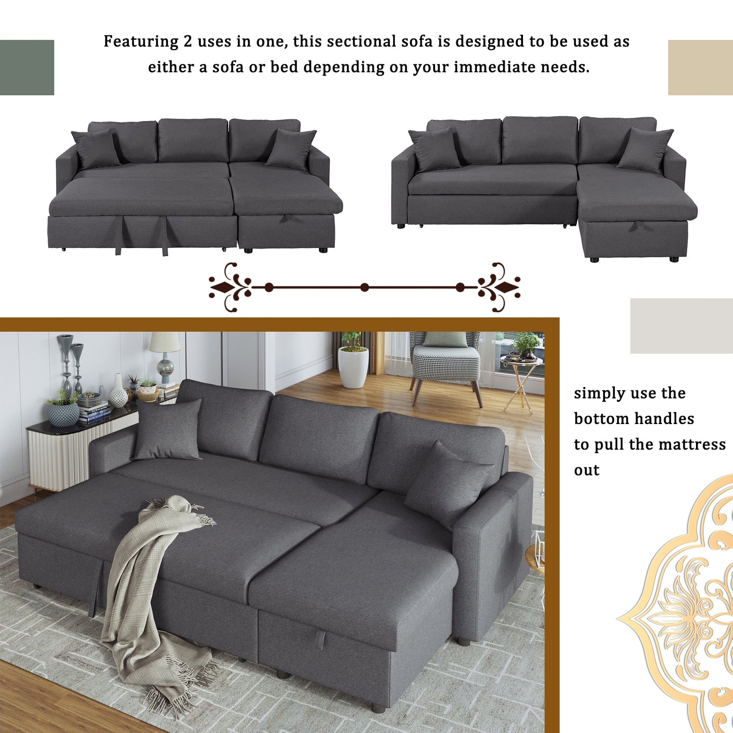 Upholstery  Sleeper Sectional Sofa Grey with Storage Space, 2 Tossing