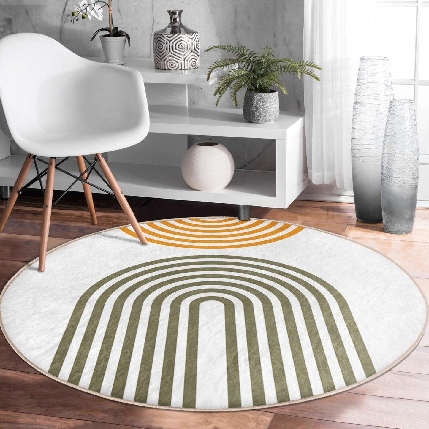 Boho Decorative Round Rug, Abstract Living Room Floor Carpet, Non Slip