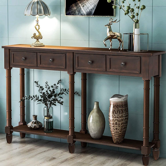 Retro Console Table Sofa Table for Entryway with Drawers and Shelf Living Room Table (Espresso)