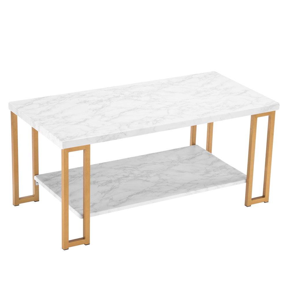 Ktaxon Faux Marble Top Coffee Table with Gold Metal Frame, 2 Tier Rectangular Tea Table for Living Room, Office, Balcony, White