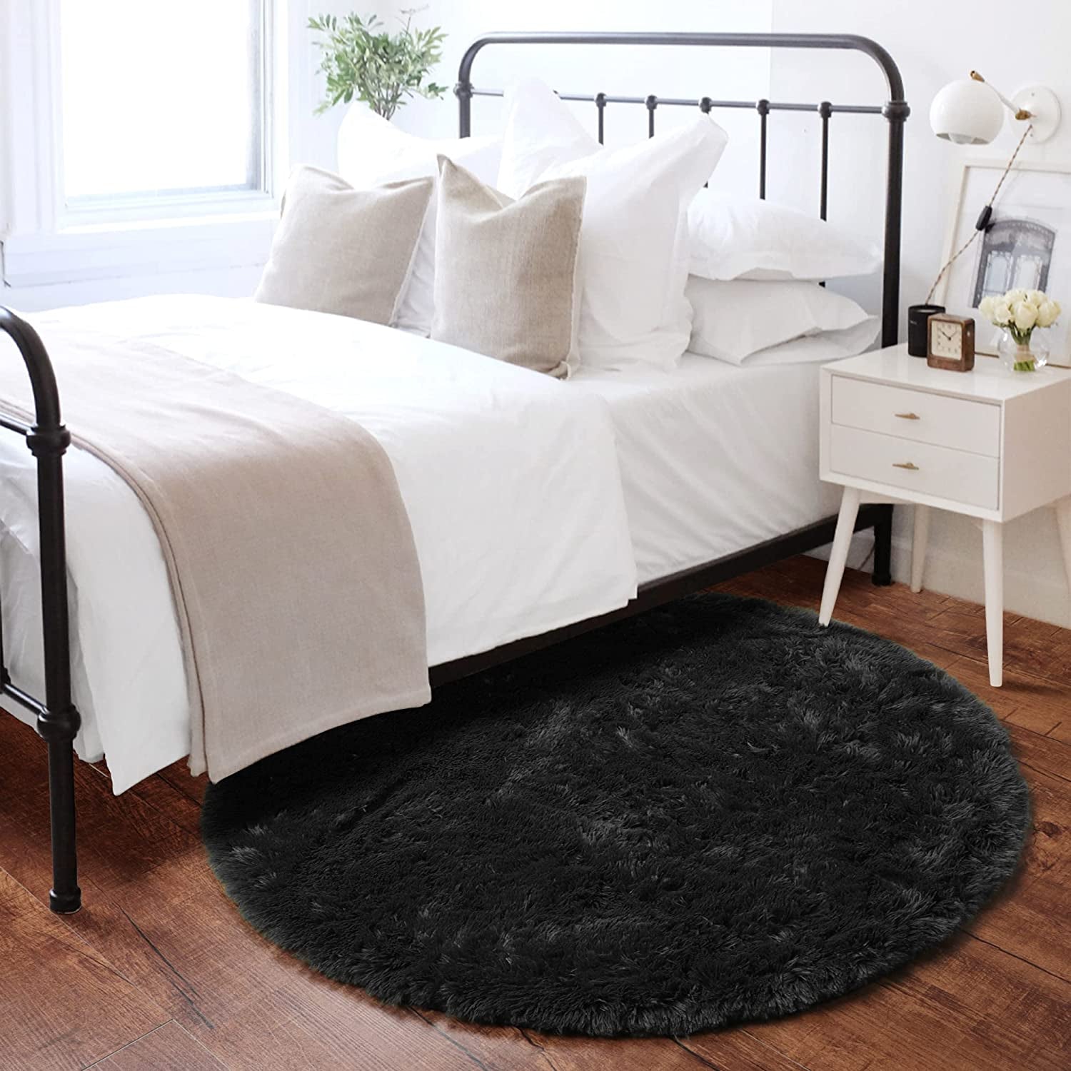 Black round Area Rug 6X6, Ultra Soft Bedroom Circle Rugs for Kids Girls Boys Teen Room, Fluffy Plush Shaggy Carpet Floor Mats for Baby Nursery Living Room Playroom Dorm Home Decor