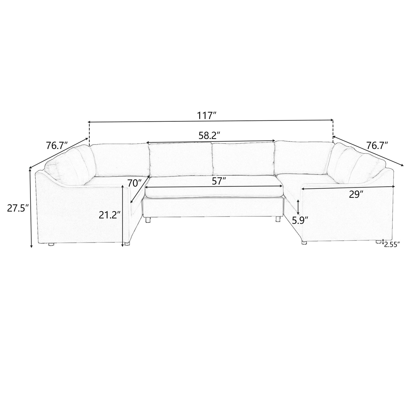 3 Pieces Upholstered U-Shaped Large Sectional Sofa with Thick Seat and