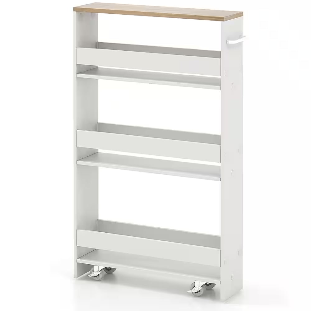 Rolling Kitchen White Slim Storage Cart Mobile Shelving Organizer with Handle