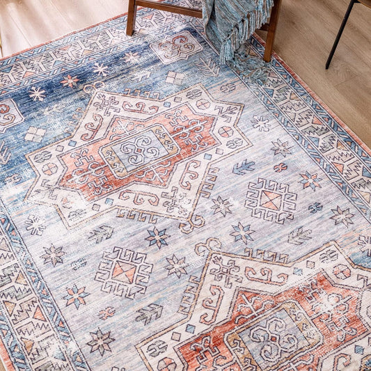 Area Rug, Carpet Area Persian Rugs, Rug for Room Soft, Bedside Rug for Bedroom Rug, Living Room Rug, Traditional Vintage Distressed Area Rug, 5X8 Blue Multi Medallion Rug