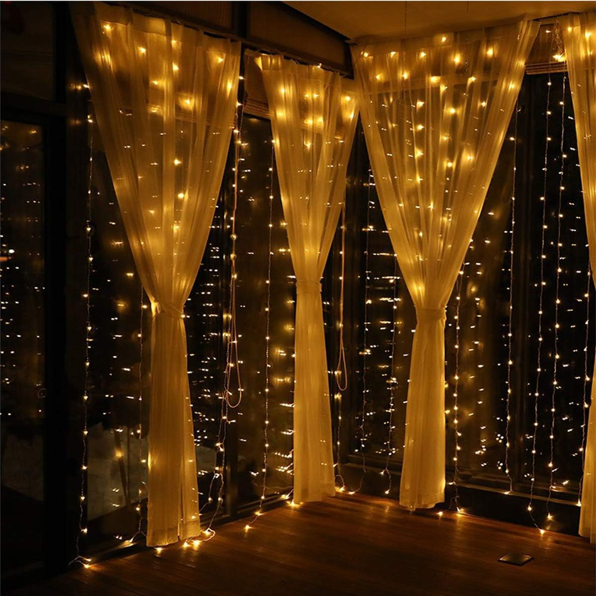 String Lights Curtain,8 Modes Window Curtain Lights with Remote,200 LED 9.8Ft X 6.6Ft Twinkle Fairy Lights for Christmas Bedroom Party Wedding Wall Decoration（Warm White）