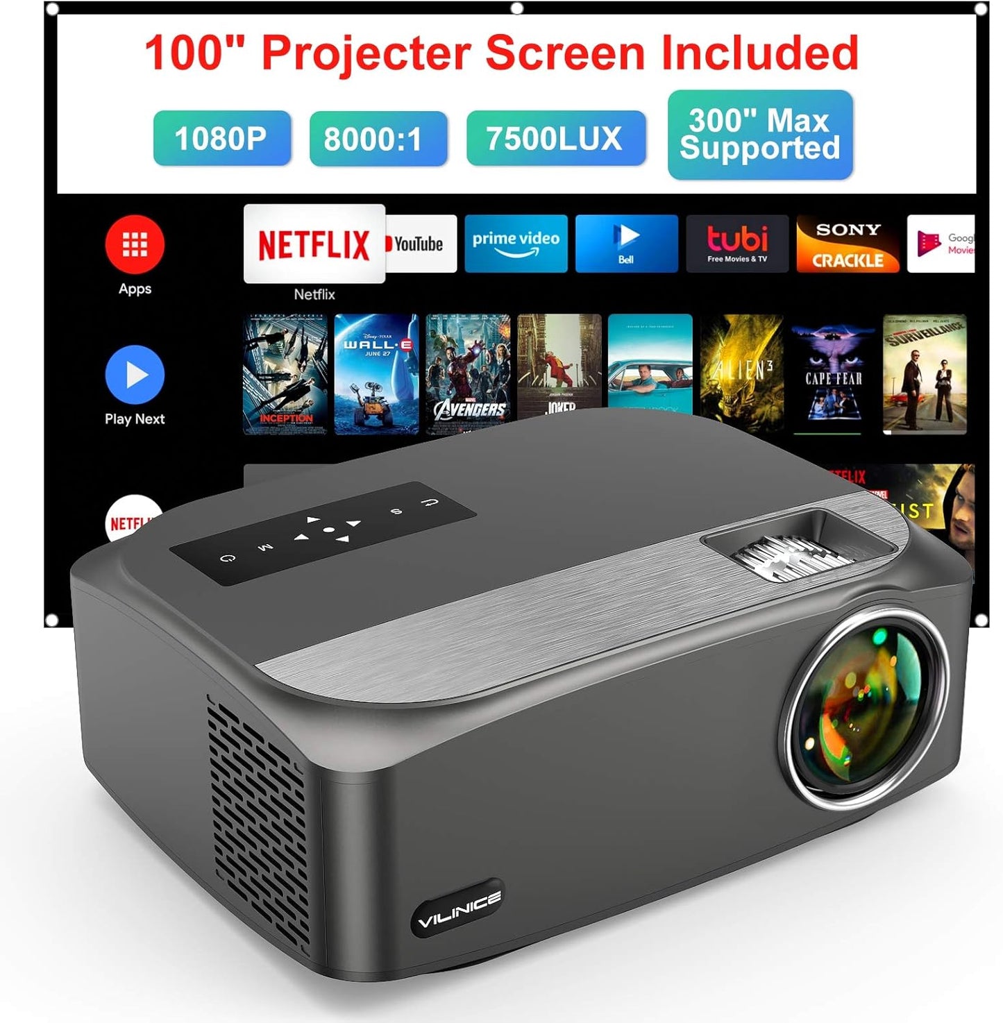 Video Projector Native 1080P/300" Supported,  Outdoor Projector with 100"Movie Projector Screen, 100,000H Lamp Life Home Theater Projector Compatible with Phone/Tv Stick/Pc/Ps4/Dvd/Hdmi/Usb