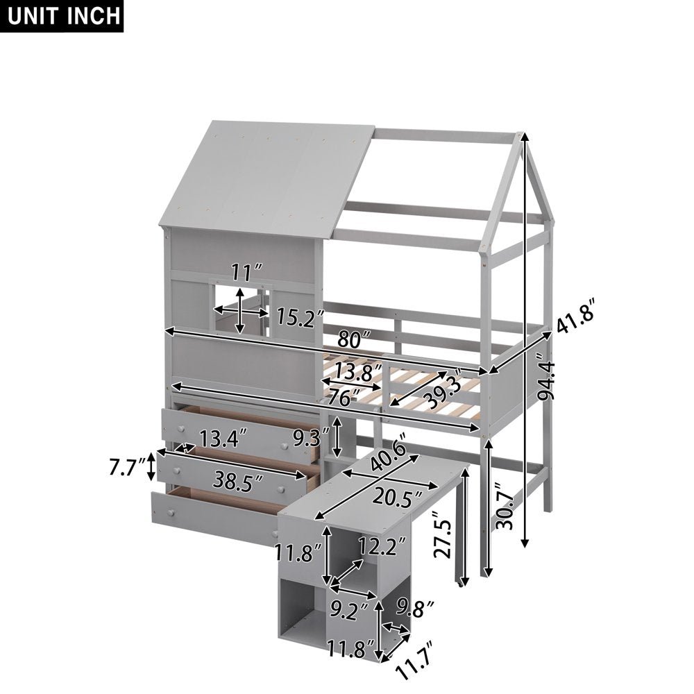 Wood Twin Size Loft Bed with Movable Desk for Kids, Low Profile Loft Bed with Storage Shelf and Drawers for Kids Teens Adults, House Bed with Roof and Window, Gray