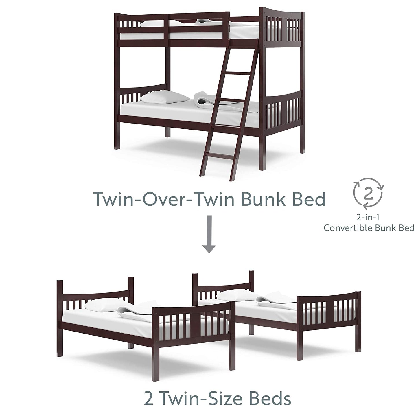 Caribou Twin-Over-Twin Bunk Bed (Espresso) – GREENGUARD Gold Certified, Converts to 2 Individual Twin Beds