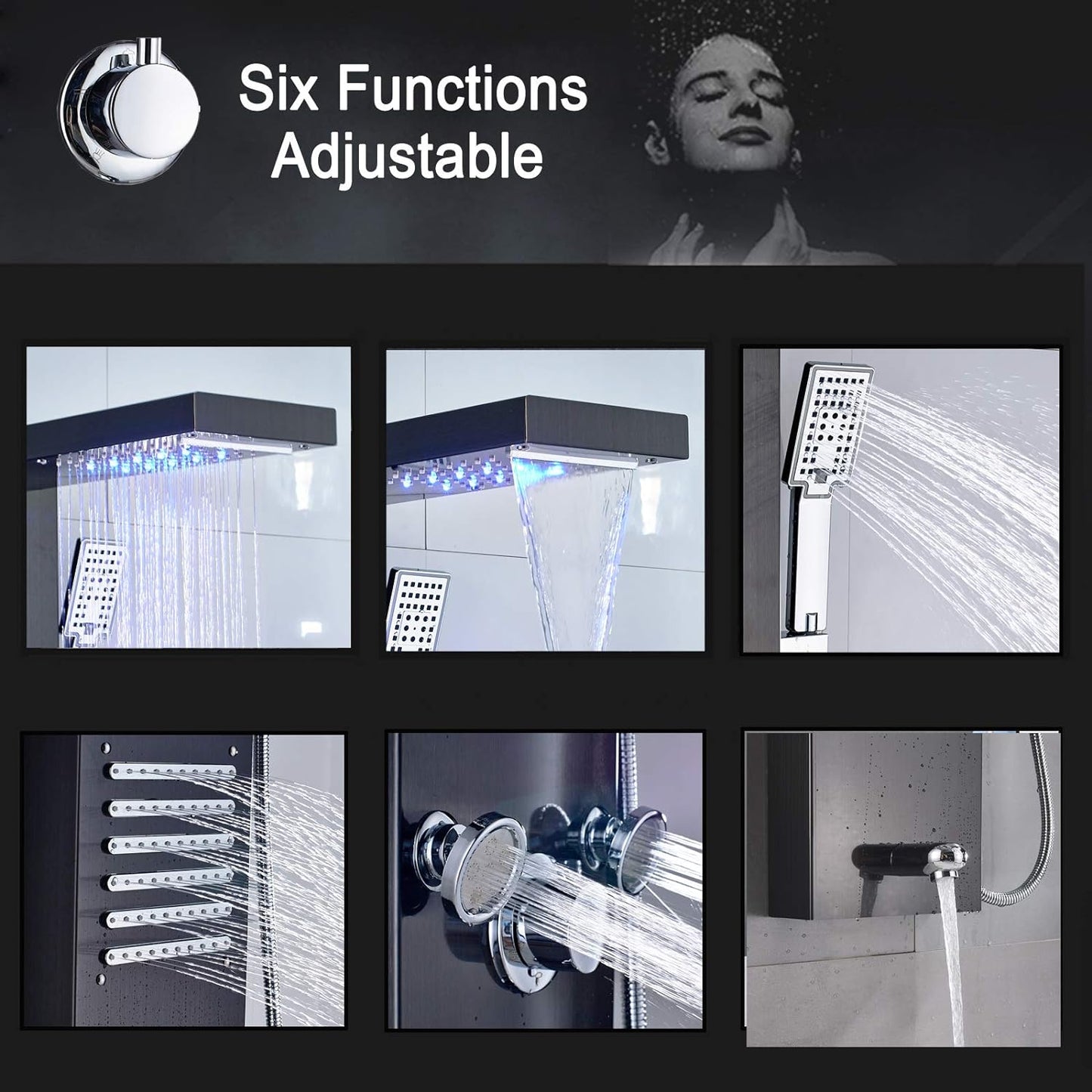 LED Light Shower Panel Tower System Stainless Steel LED Rainfall Waterfall Shower Head Hydroelectricity Display Massage Spray with Hand Shower Black Shower Tower Wall Mount Shower Panels