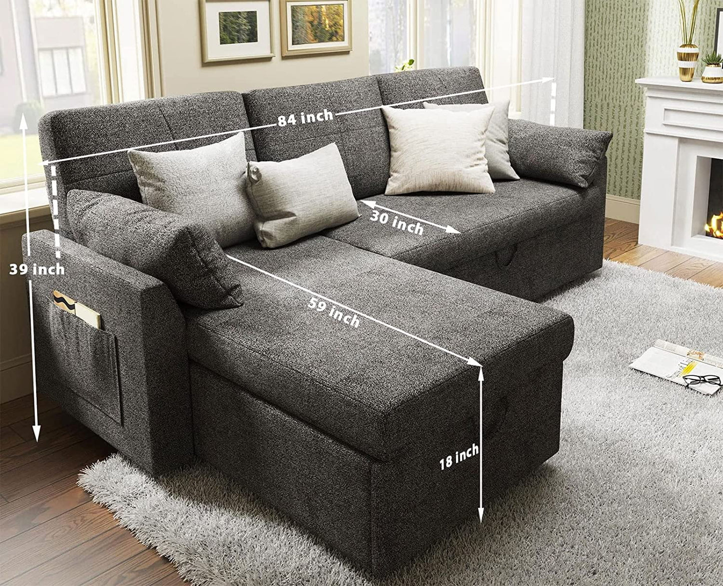 Sofa Bed, Sleeper Sofa with Storage Chaise, Pull Out Couch for Living Room- Gray Chenille