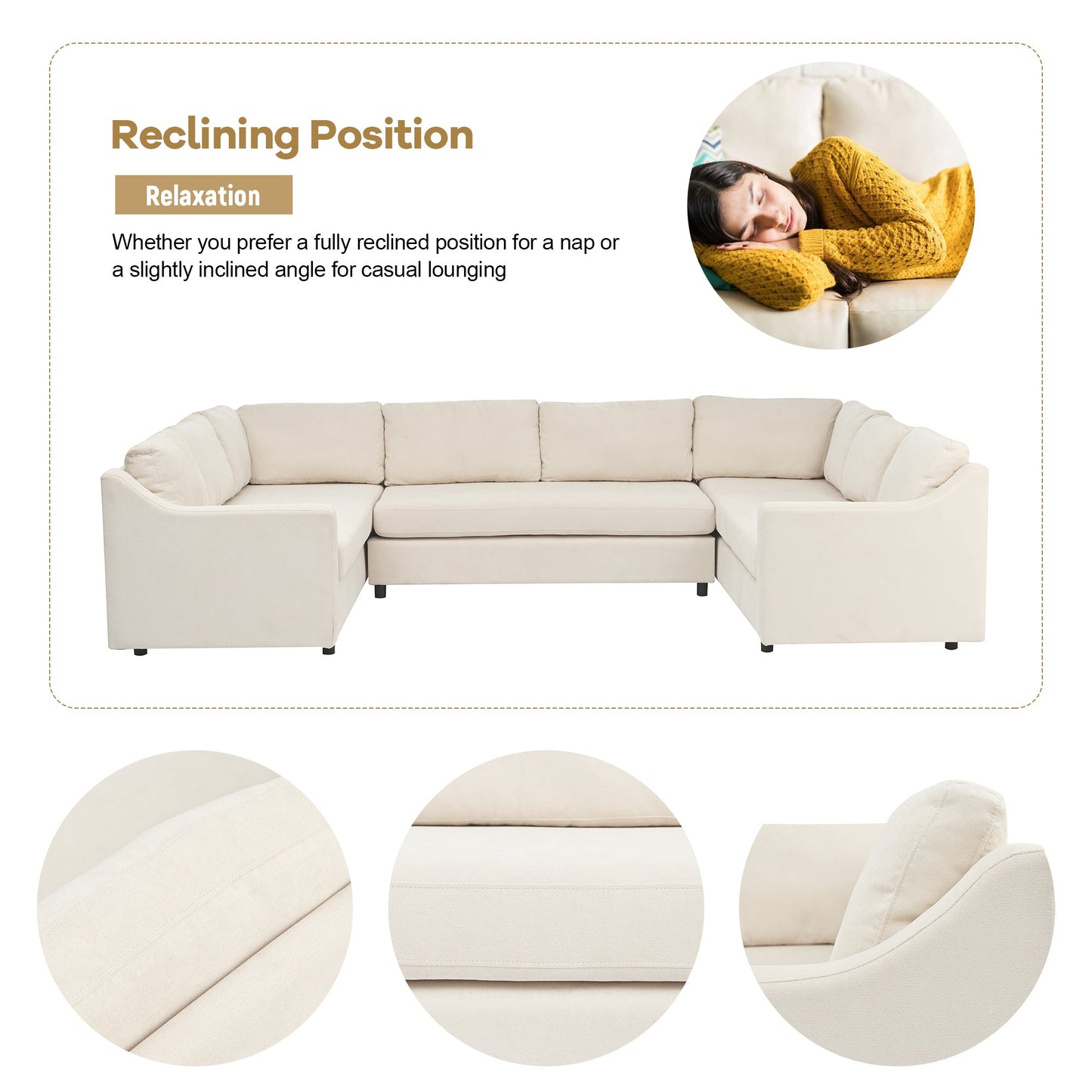 3 Pieces Upholstered U-Shaped Large Sectional Sofa with Thick Seat and