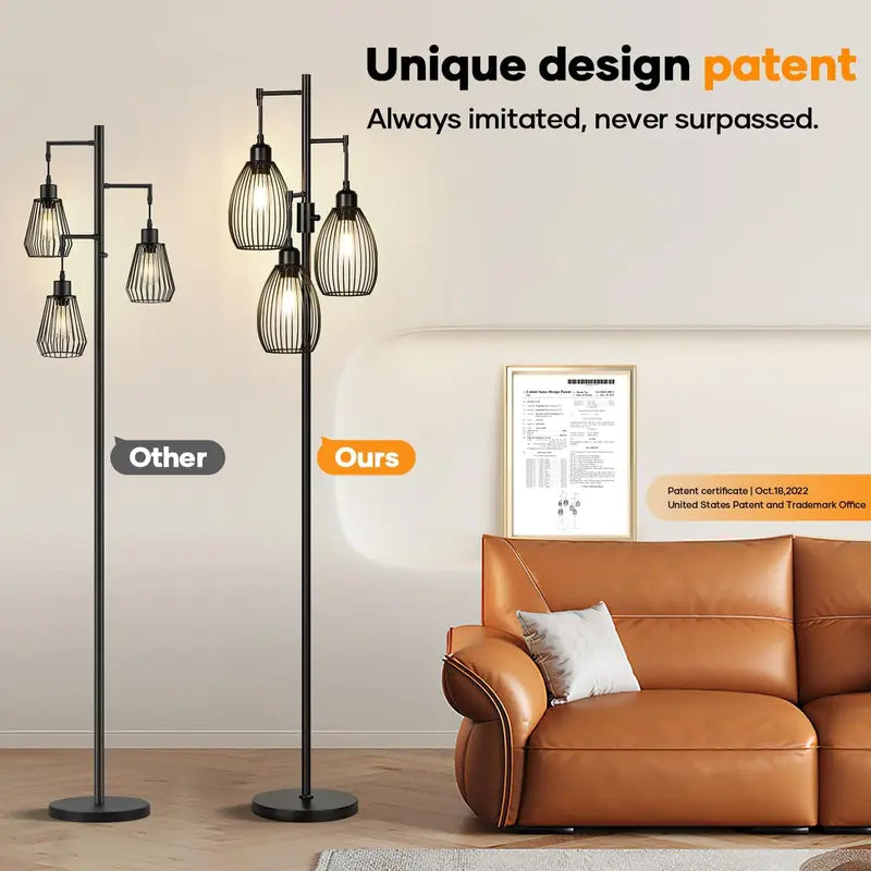 Dimmable Floor Lamp,3X800Lm LED Edison Bulbs Included, Farmhouse Industrial Floor Lamp Standing Tree Lamp with Elegant Teardrop Cage Tall Lamps for Living Room Bedroom Dining Room Floorlamp Modern Lamp Bedside Lamp White Bulb Included Dining Room Ledlight