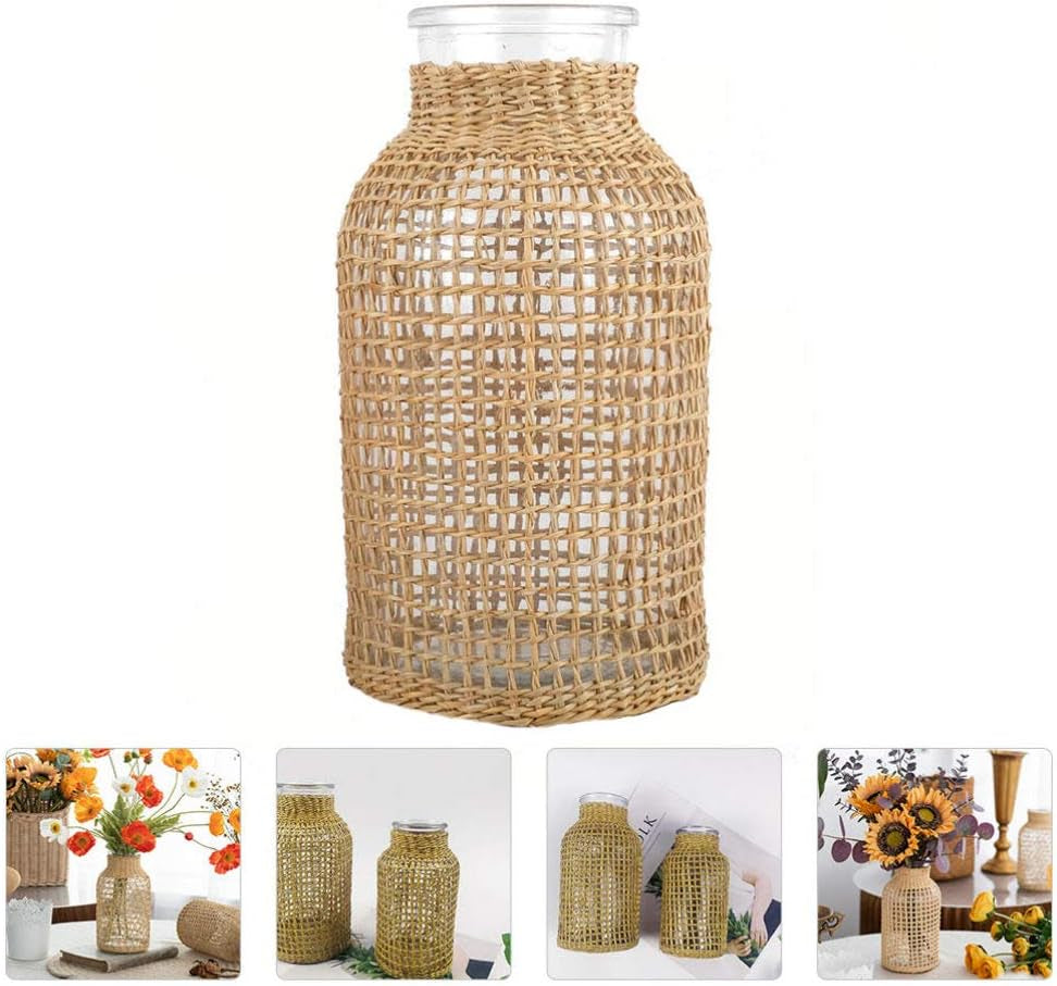 Boho Glass Flower Vase with Rattan Cover, Farmhouse Flower Bud Vase, round Decorative Flower Vase Floral Container Flower Bottle for Floral Arrangements Housewarming Party Home Decor（S）