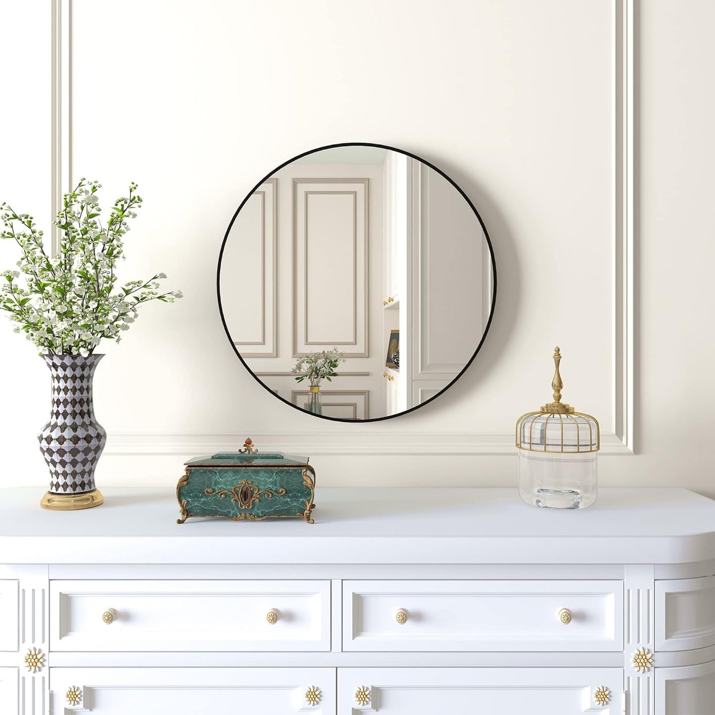 16" Wall Circle Mirror for Bathroom, Small Black round Mirror for Wall, 16 Inch Hanging round Mirror for Living Room, Vanity, Bedroom