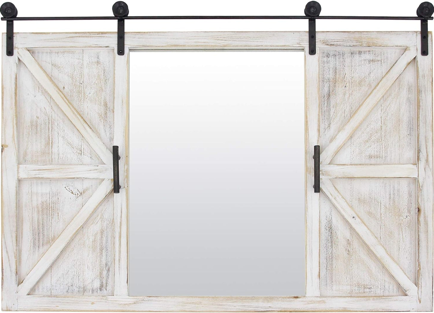 White Hayloft Barn Door Wall Mirror, Large Vintage Decor for for Bedroom, Bathroom Vanity, Wood, Farmhouse, 36 X 26 Inches