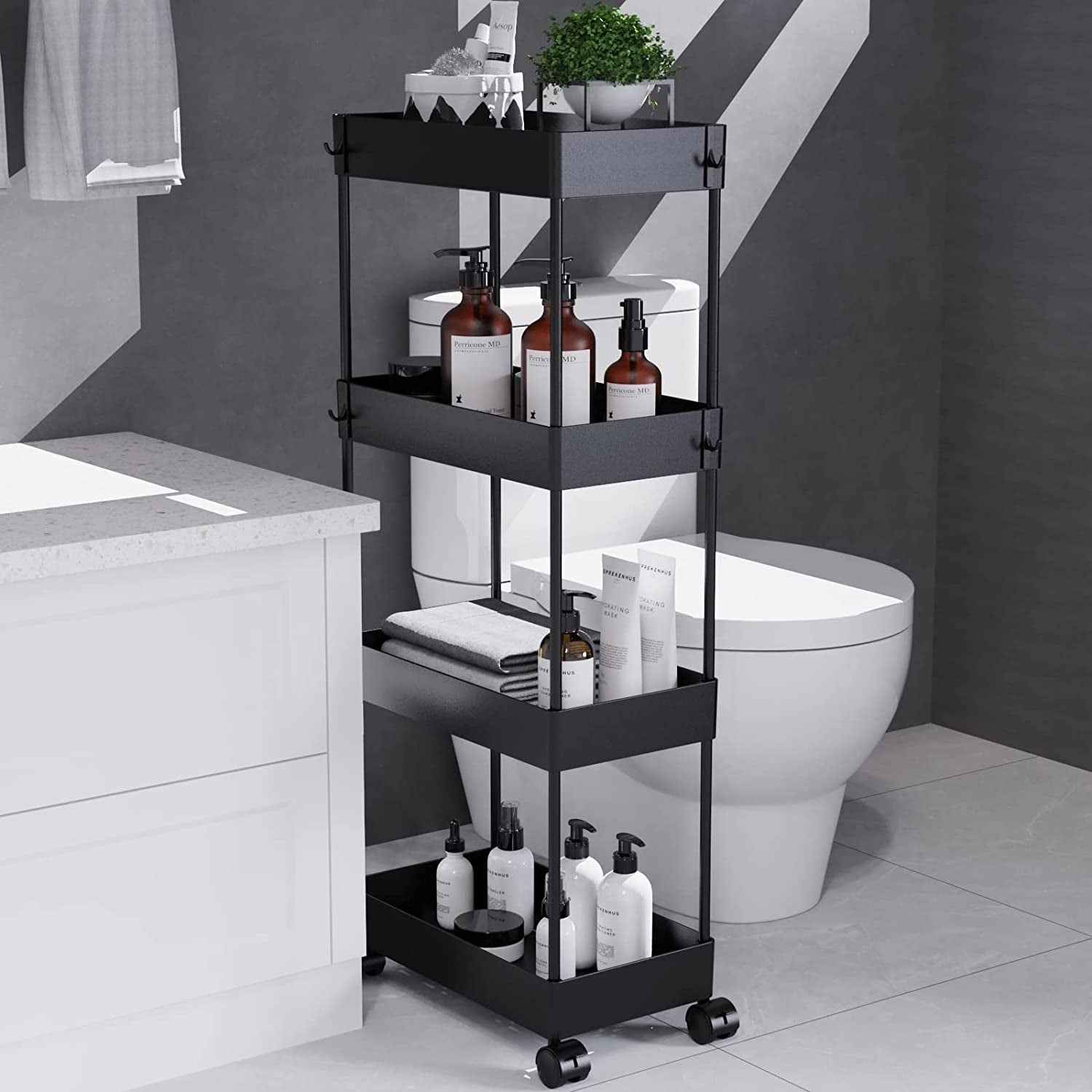 THVGUL Slim Storage Cart, 4 Tier Bathroom Storage Cart on Wheels Slide Out Storage Cart Bathroom Cart Organizer for Bathroom Laundry Narrow Space