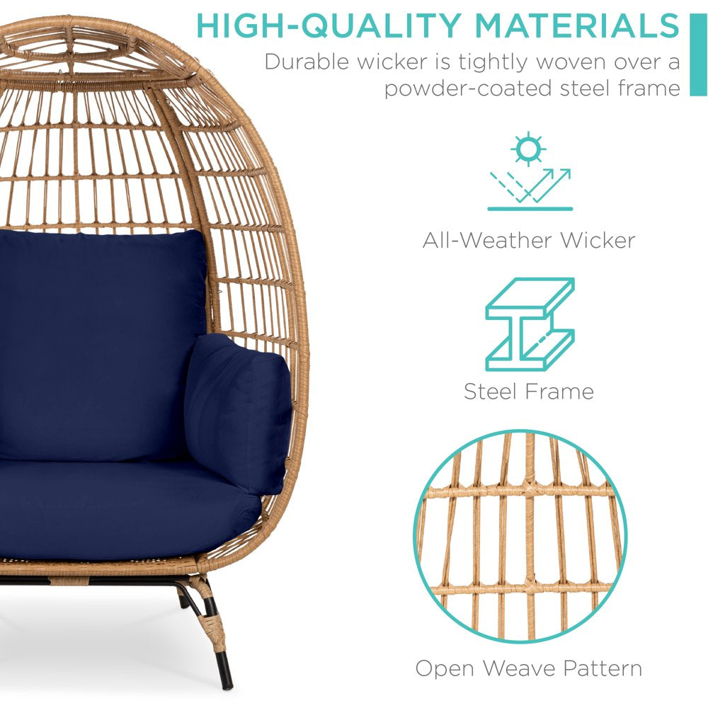 Wicker Egg Chair Oversized Indoor Outdoor Patio Lounger W/ Steel Frame, 440Lb Capacity - Navy