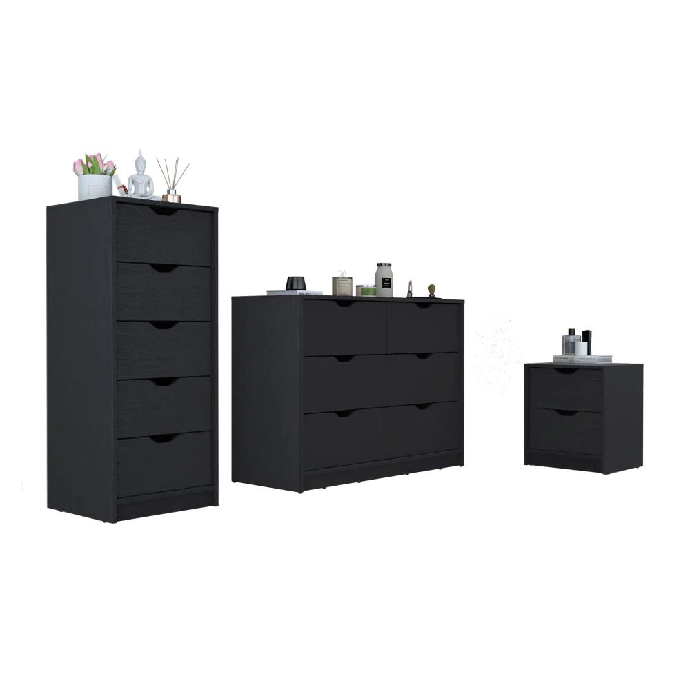 Stockley 3 Piece Bedroom Set, Nightstand + Dresser + Dresser Narrow, Black Wengue Finish