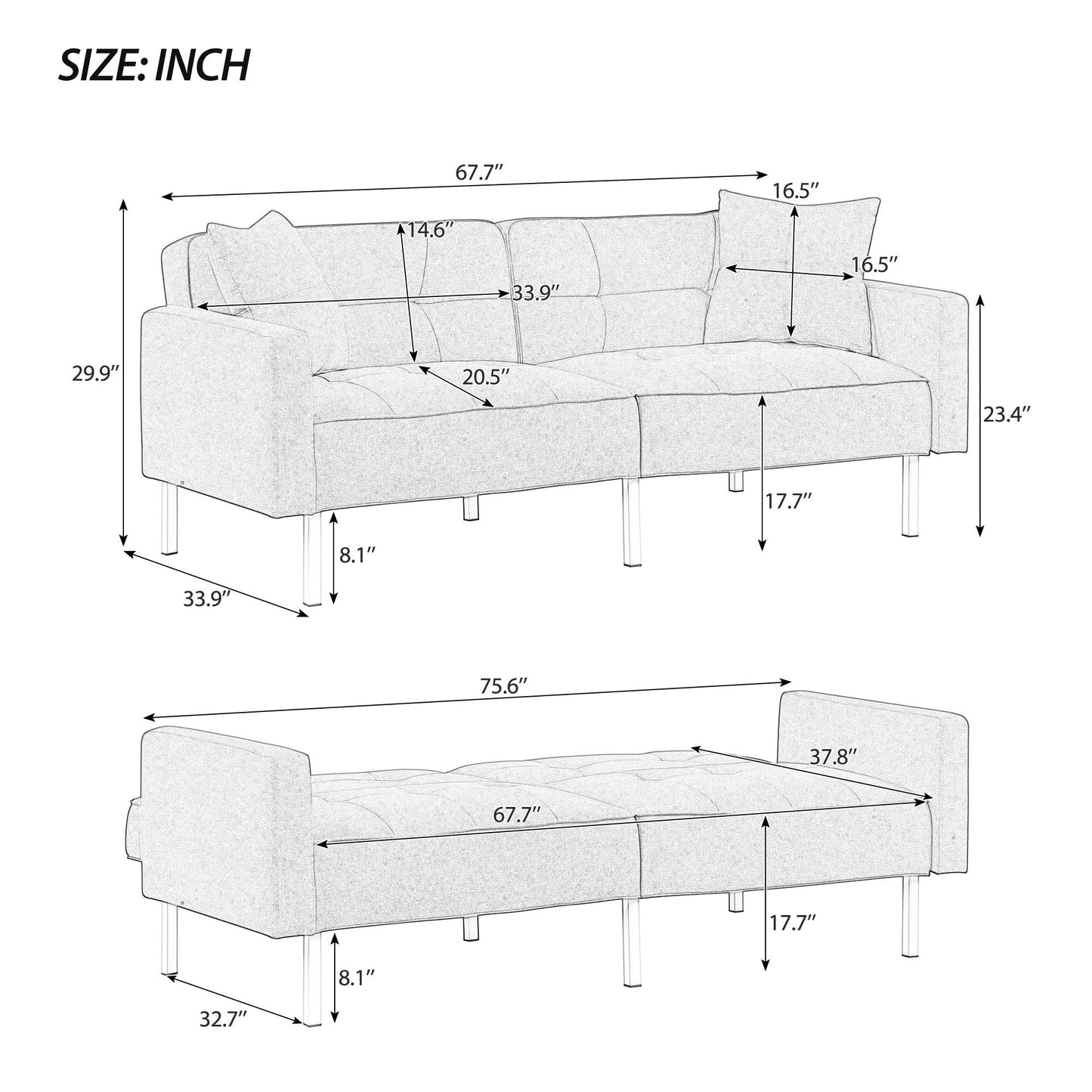 Linen Upholstered Modern Convertible Folding Futon Sofa Bed for