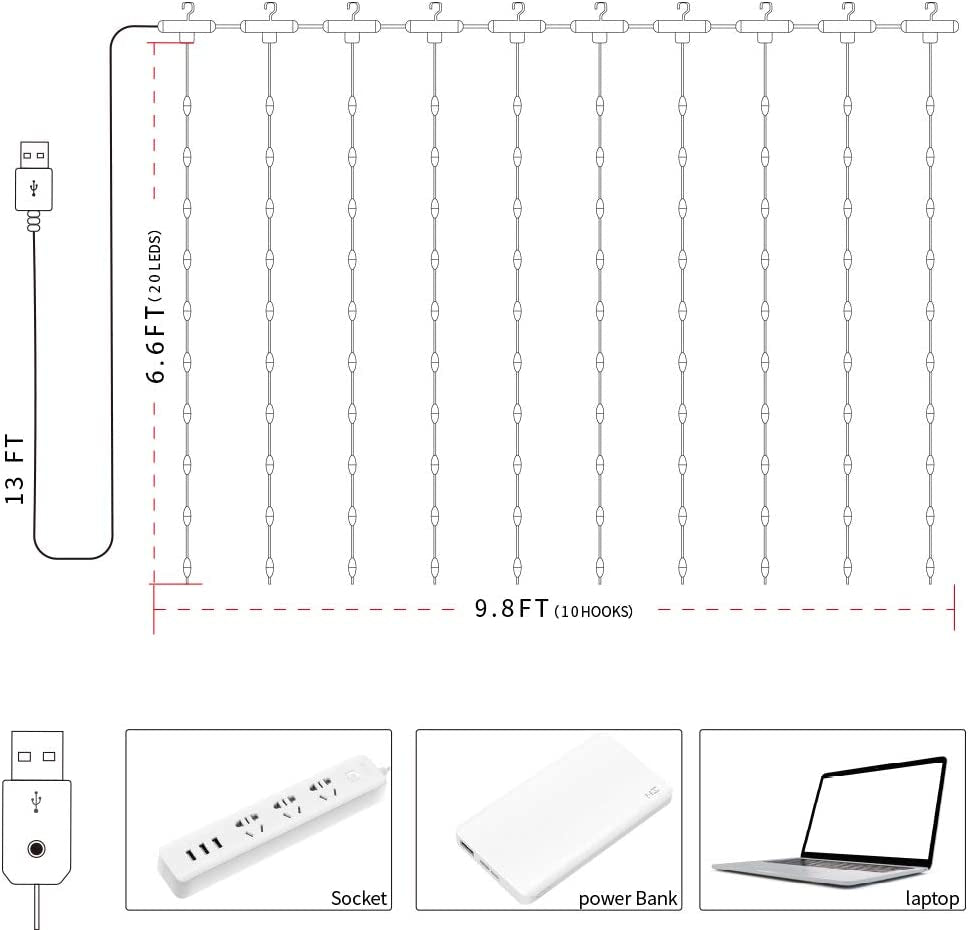 String Lights Curtain,8 Modes Window Curtain Lights with Remote,200 LED 9.8Ft X 6.6Ft Twinkle Fairy Lights for Christmas Bedroom Party Wedding Wall Decoration（Warm White）