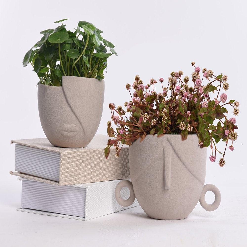 Garden Planters Pots Set of 2,Indoor Succulent Planter Pots with Drainage Hole,Ceramic Brown 5.4"W & 4.7"W