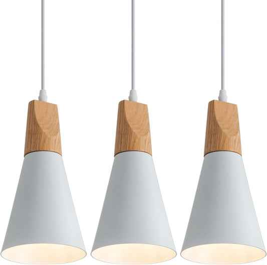 3 Pack White Wood Pendant Lighting for Kitchen Island Nordic Pendant Light Minimalist Hanging Light for Dining Room Kitchen Sink Bar Bedroom