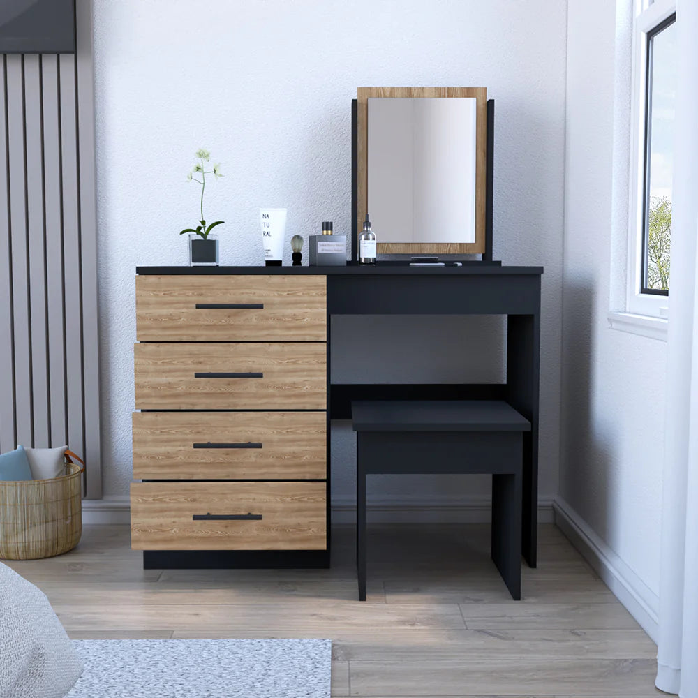 Makeup Dressing Table Roxx, Four Drawers, One Mirror, Stool, Black Wengue / Pine Finish