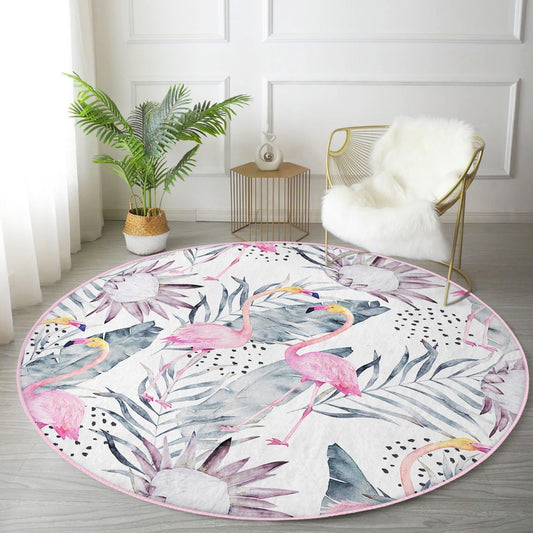 Floral and Flamingo Patterned Decorative Round Rug, Living Room