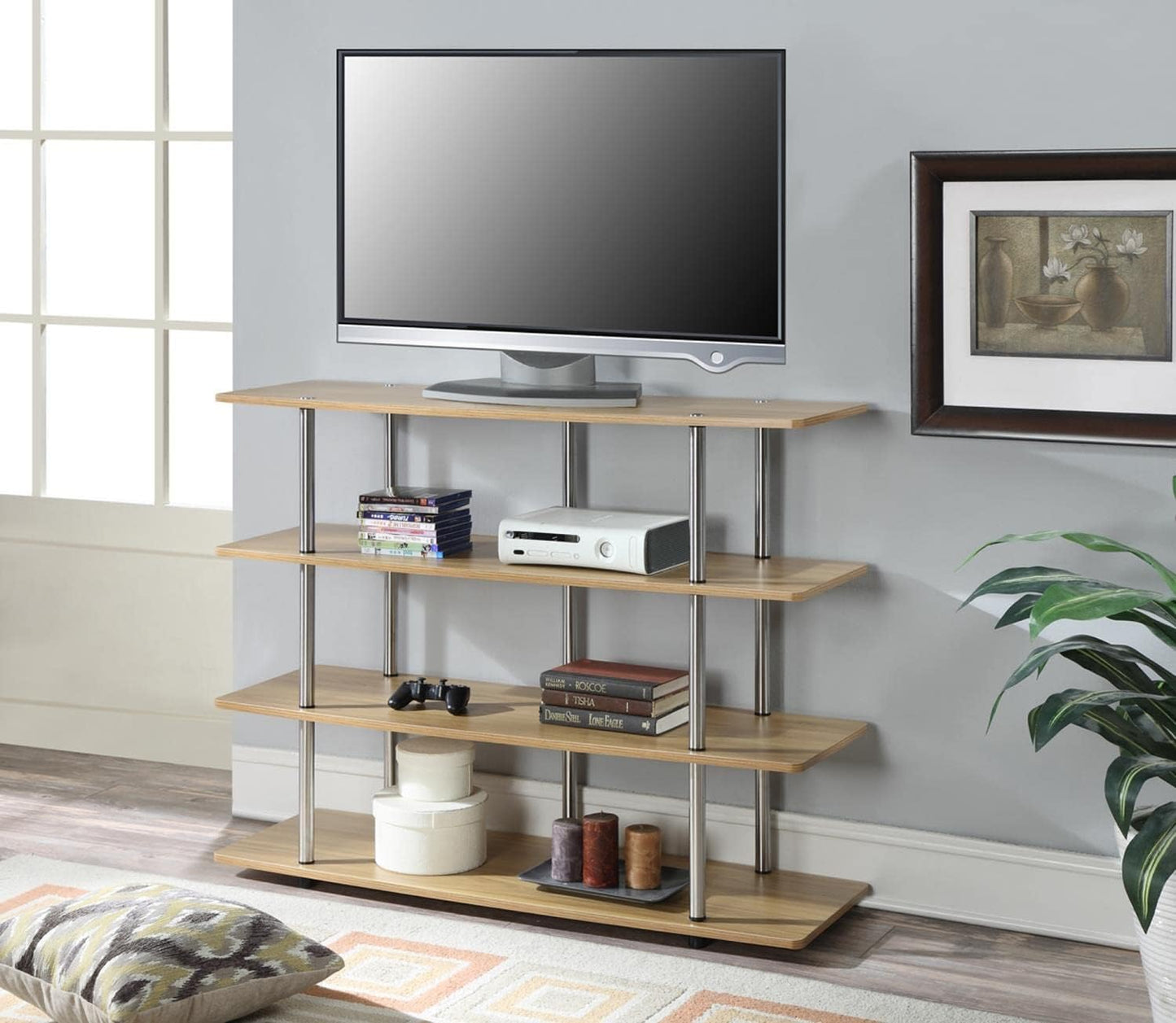 Designs2Go XL Highboy 4 Tier TV Stand, Light Oak