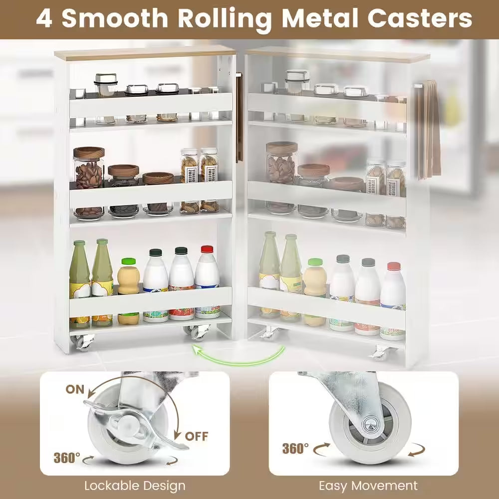 Rolling Kitchen White Slim Storage Cart Mobile Shelving Organizer with Handle