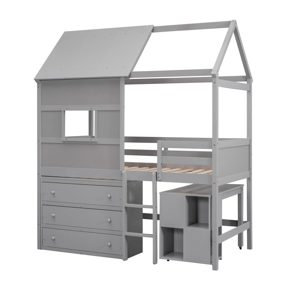 Wood Twin Size Loft Bed with Movable Desk for Kids, Low Profile Loft Bed with Storage Shelf and Drawers for Kids Teens Adults, House Bed with Roof and Window, Gray