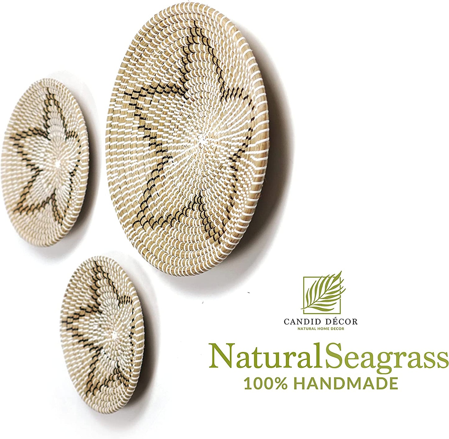 Woven Seagrass Wall Basket Decor Set of 3 Large, Hanging Natural Wicker Flat Baskets, Bowls, Bohemian Wall Decoration Perfect for Home Living Room and Bedroom, Handcrafted Wall Art Set