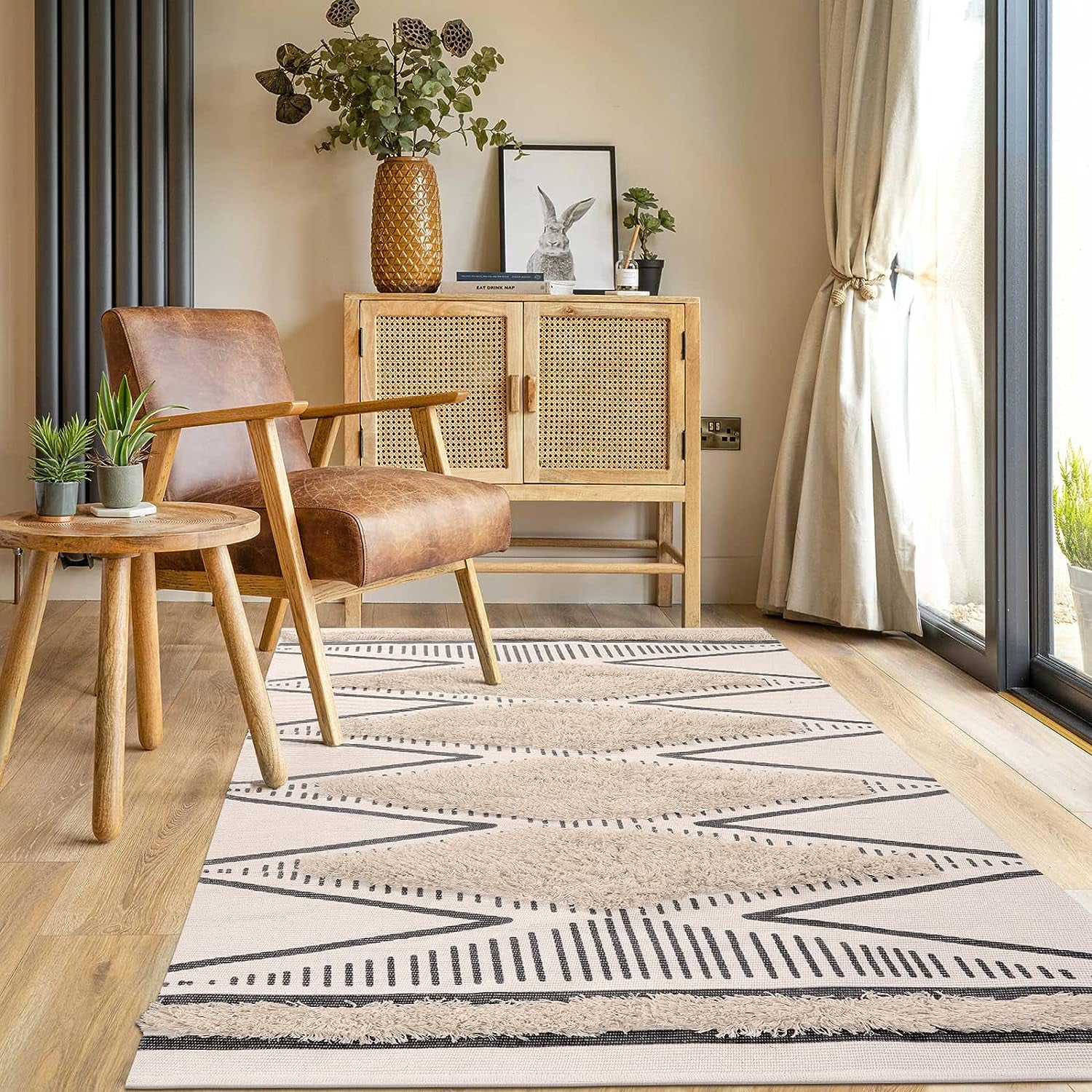 3' X 5' Boho Rug, Washable Tufted Cotton Geometric Bedroom Rug Hand Woven Farmhouse Tribal Floor Carpet Entryway Mat for Dining Room Living Room Bedroom