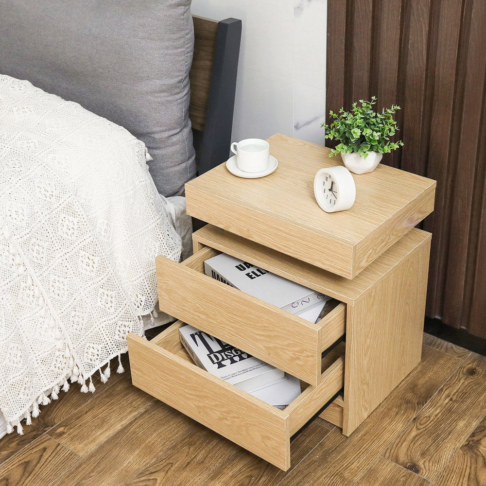 2 Drawer Modern Nightstand with RGB LED Light High Gloss Bedside Tables for Bedroom Wood Color