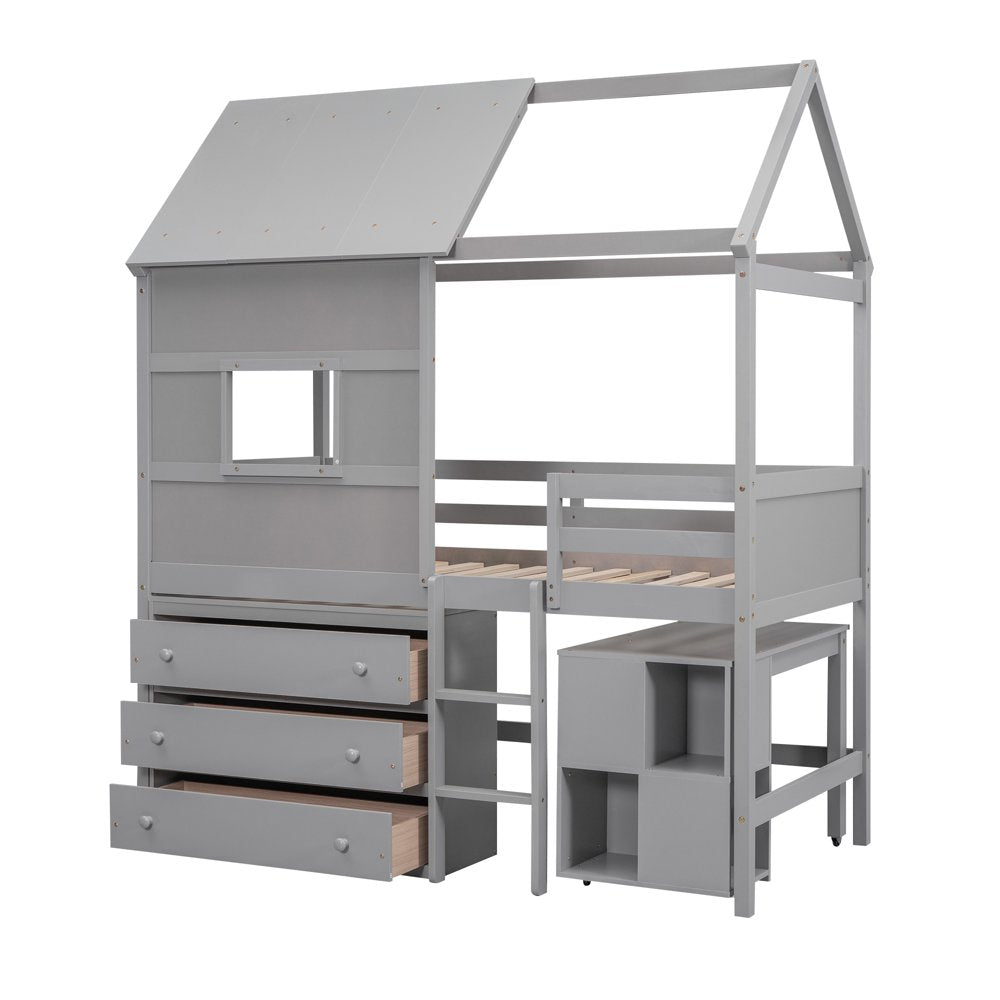 Wood Twin Size Loft Bed with Movable Desk for Kids, Low Profile Loft Bed with Storage Shelf and Drawers for Kids Teens Adults, House Bed with Roof and Window, Gray