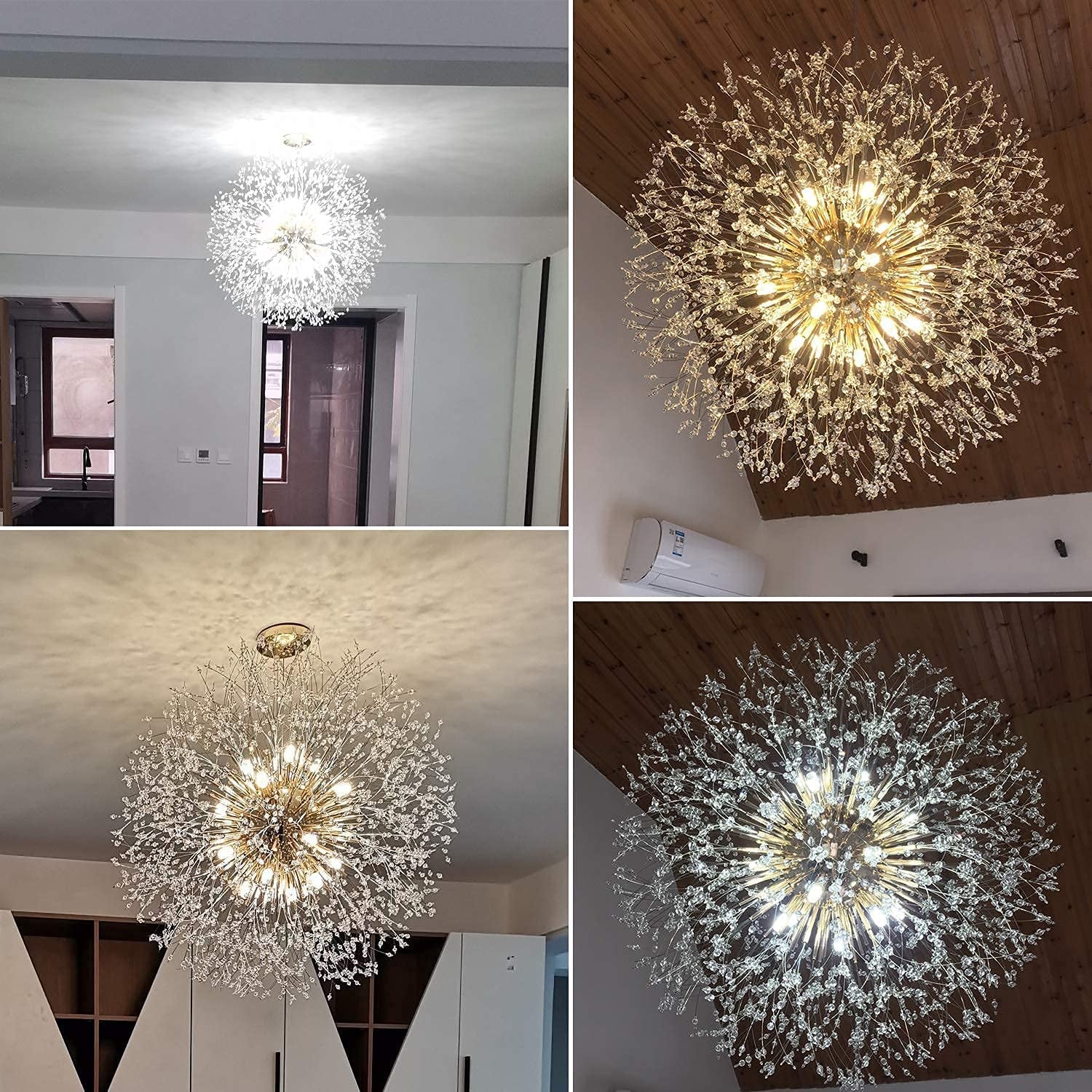 Firework Chandelier,Gold Crystal Chandeliers,12-Lights Sputnik Dandelion Chandelier Pendant Lighting,Ceiling Hanging Light Fixture for Dining Room,Living Room,Bathroom,Bedroom,Kitchen