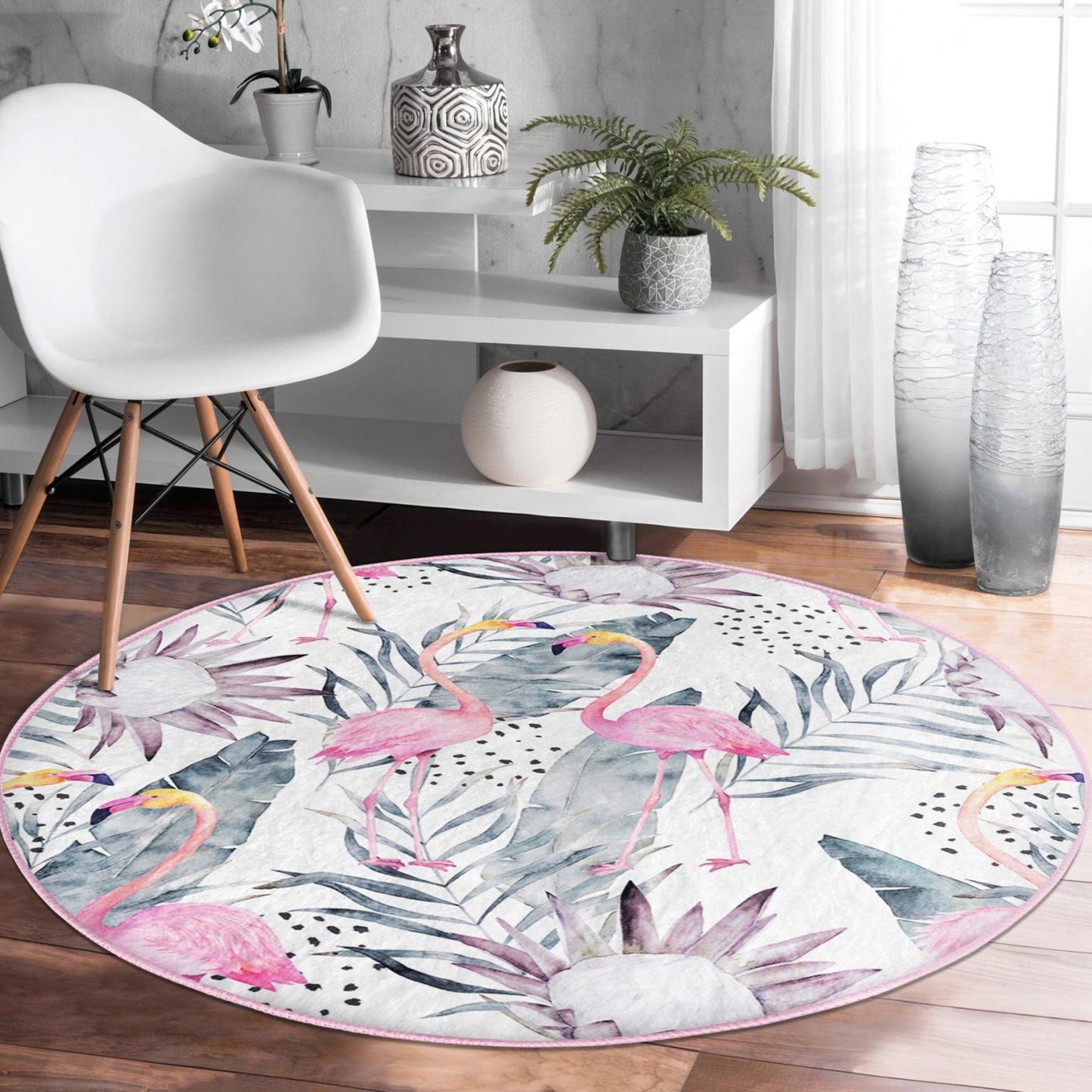 Floral and Flamingo Patterned Decorative Round Rug, Living Room