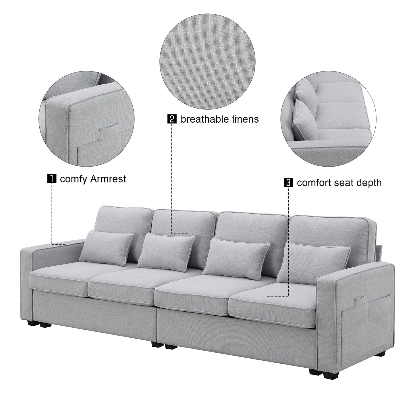 104" 4-Seater Modern Linen Fabric Sofa with Armrest Pockets and 4