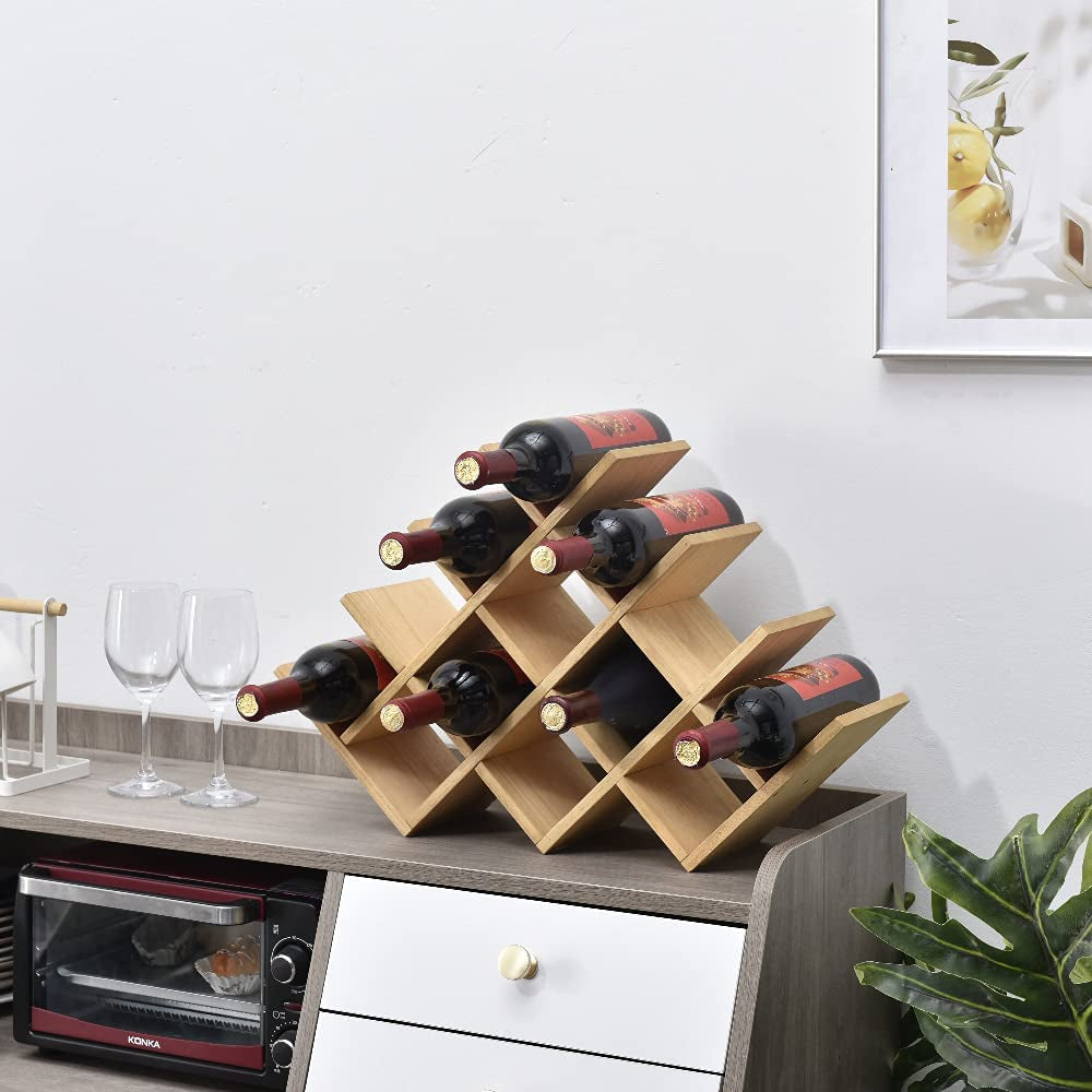 Wooden 13-Bottle Wine Rack - Nature Wood 4-Tier Wine Display Rack/Free Standing and Countertop Wine Storage Shelf - Bottle Holder/Cabinet Glass Rack XHJJ4-NA