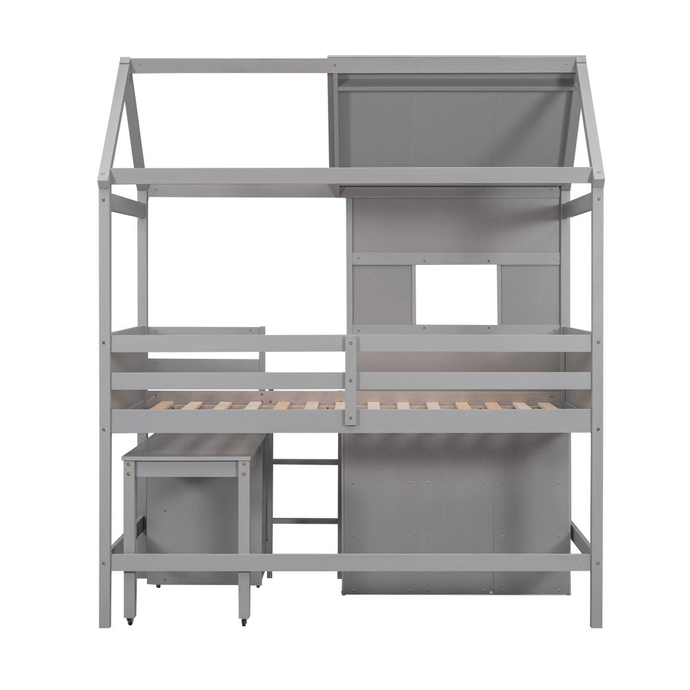 Wood Twin Size Loft Bed with Movable Desk for Kids, Low Profile Loft Bed with Storage Shelf and Drawers for Kids Teens Adults, House Bed with Roof and Window, Gray