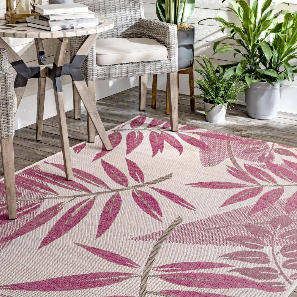 Trudy Art Deco Leaves Pink 6 Ft. 3 In. X 9 Ft. Indoor/Outdoor Patio Area Rug