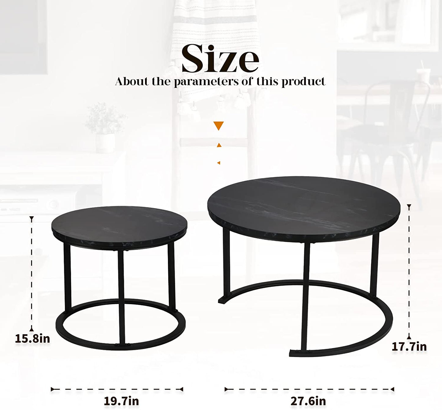 Small round Nesting Coffee Table 27" Wood and Metal Stacking Coffee Tables for Compact Spaces, Black/White