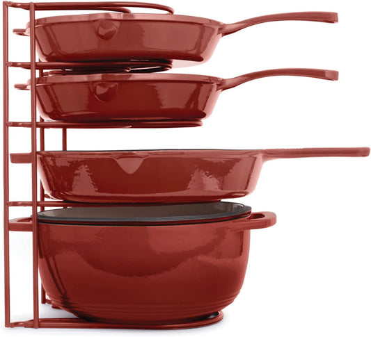 Heavy Duty Pots and Pans Organizer - Extra Large 5 Tier Pan Rack for Cast Iron Skillets, Griddles - Durable Construction - Space Saving Kitchen Storage - No Assembly Required - Red 15.4"-Inch