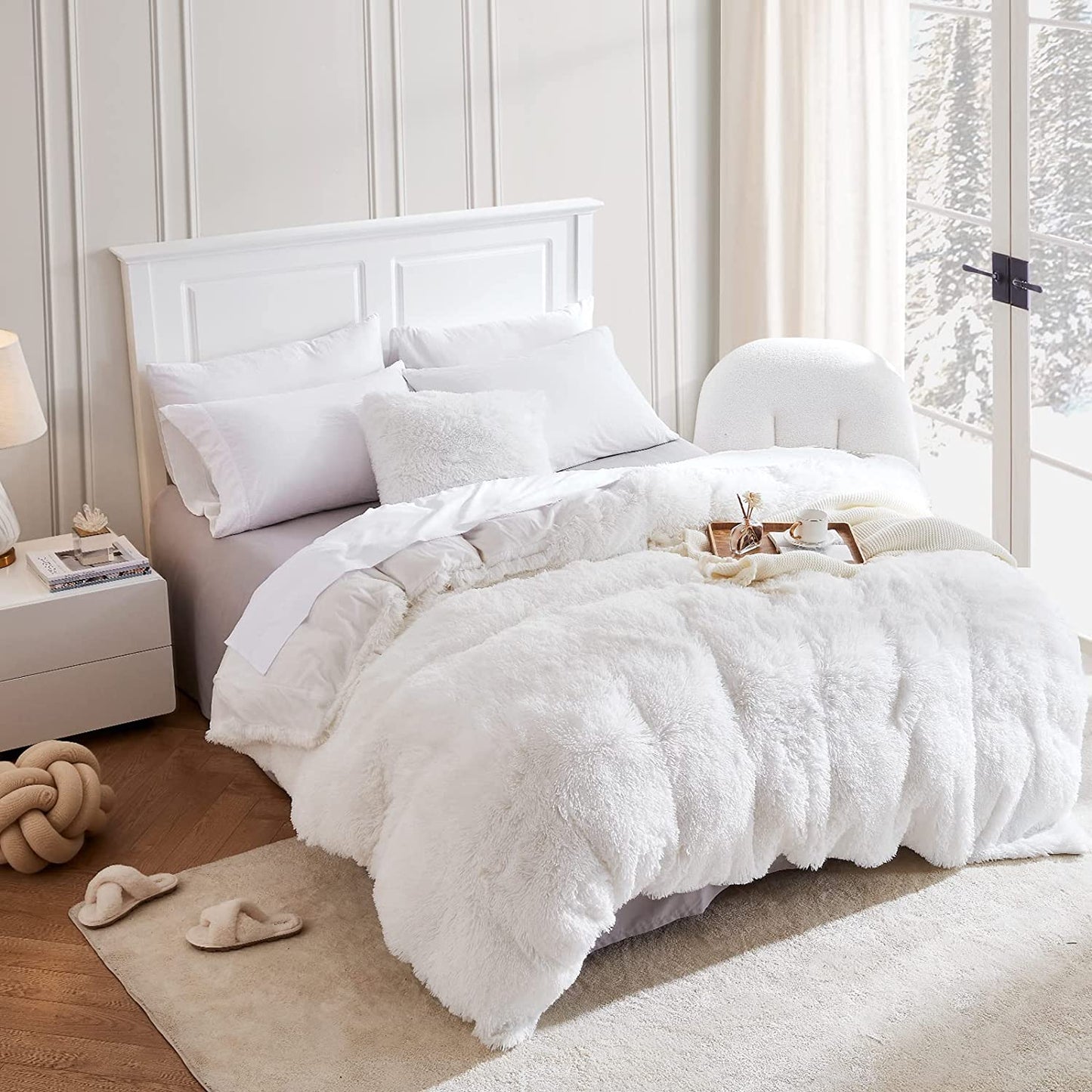 Faux Fur Duvet Cover, Ultra Soft Shaggy Fluffy Comforter Cover with Luxury Velvet on Reverse Zipper Closure 1PC (1 Duvet Cover, White, King)