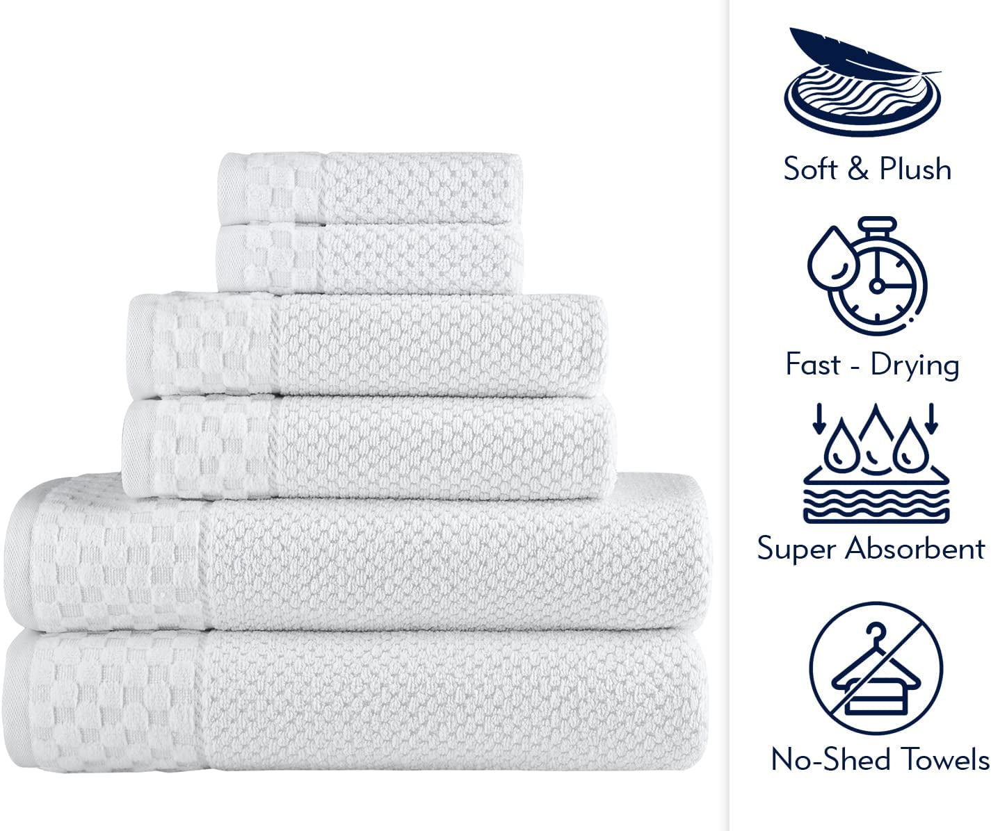 CTT Set of 6-100% Turkish Cotton, Absorbent & Comfy, Includes 2 Bath Towel 2 Hand Towel & 2 Washcloth | (White)