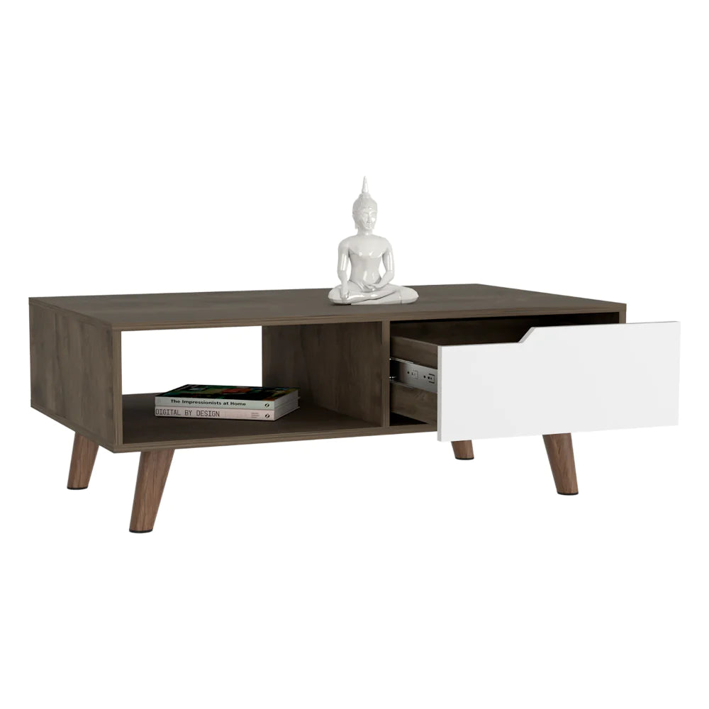 Coffee Table 2.0 Bull, One Drawer, Four Legs, Dark Brown / White Finish