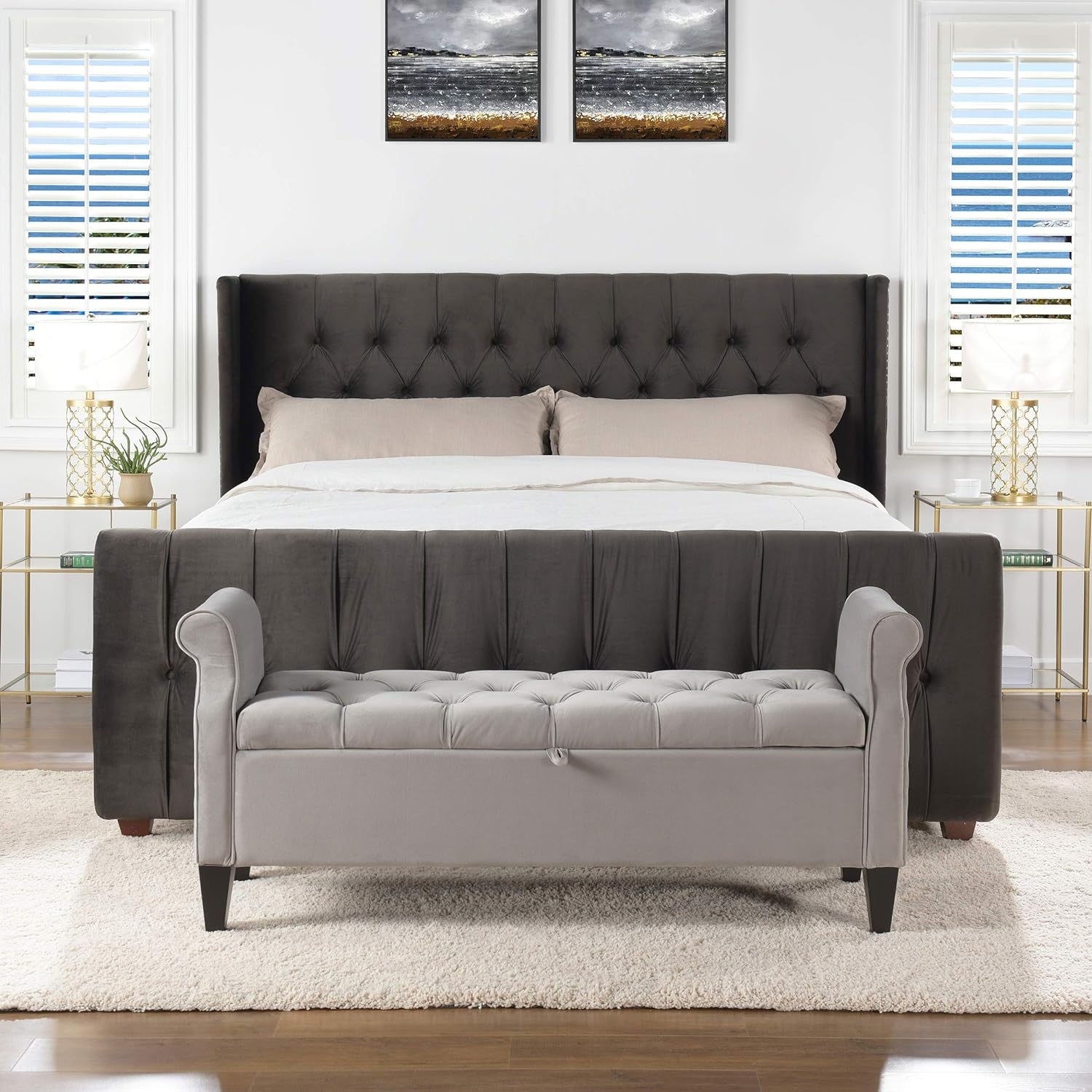 David Tufted Wingback King Bed, Dark Charcoal Grey Velvet