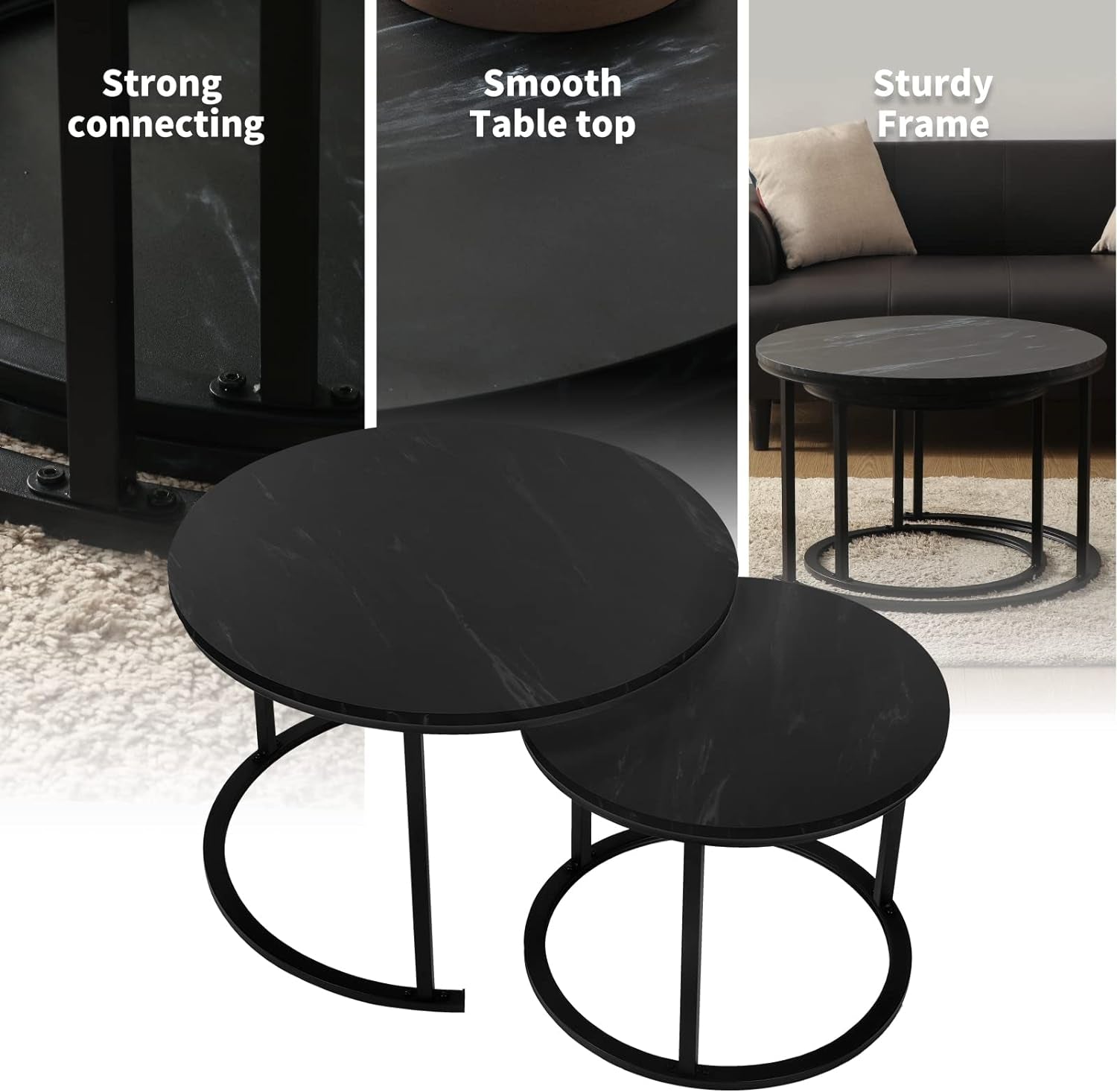 Small round Nesting Coffee Table 27" Wood and Metal Stacking Coffee Tables for Compact Spaces, Black/White